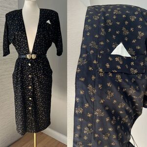 vtg 80s positive‎ influence short sleeve shirt dress black gold floral Medium